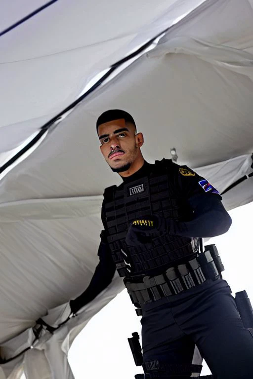 Detailed (full body:0.7) photograph of a 26 year old (slim:0.48) Hispanic (handsome:1.28) officer, (Wearing SWAT gear:1.4), Black hair, Crew cut high fade, Prominent jaw, Body hair, (Goatee:0.4), He is looking down at the viewer, Horny look, (Tattooed:0.85), (Photo is taken in a military tent), (Shot from below:1.25), Bulge, low_angle_human, (Fisheye lens:0.8) <lora:low_angle_human:0.65>