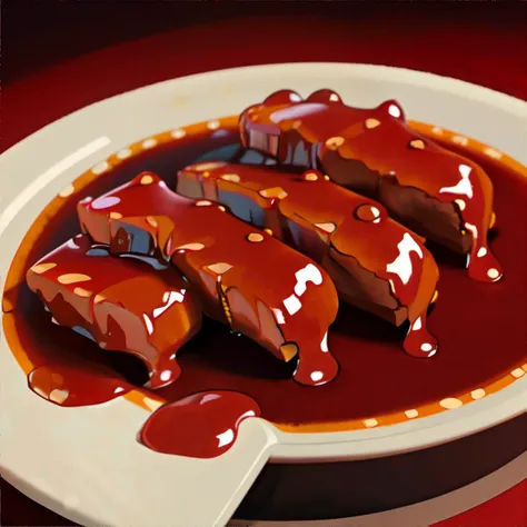 <lora:ghiblilora:0.7> Tangy barbecue ribs smothered in sweet sauce || masterpiece, 8k, high resolution, shallow depth of field, sharp focus