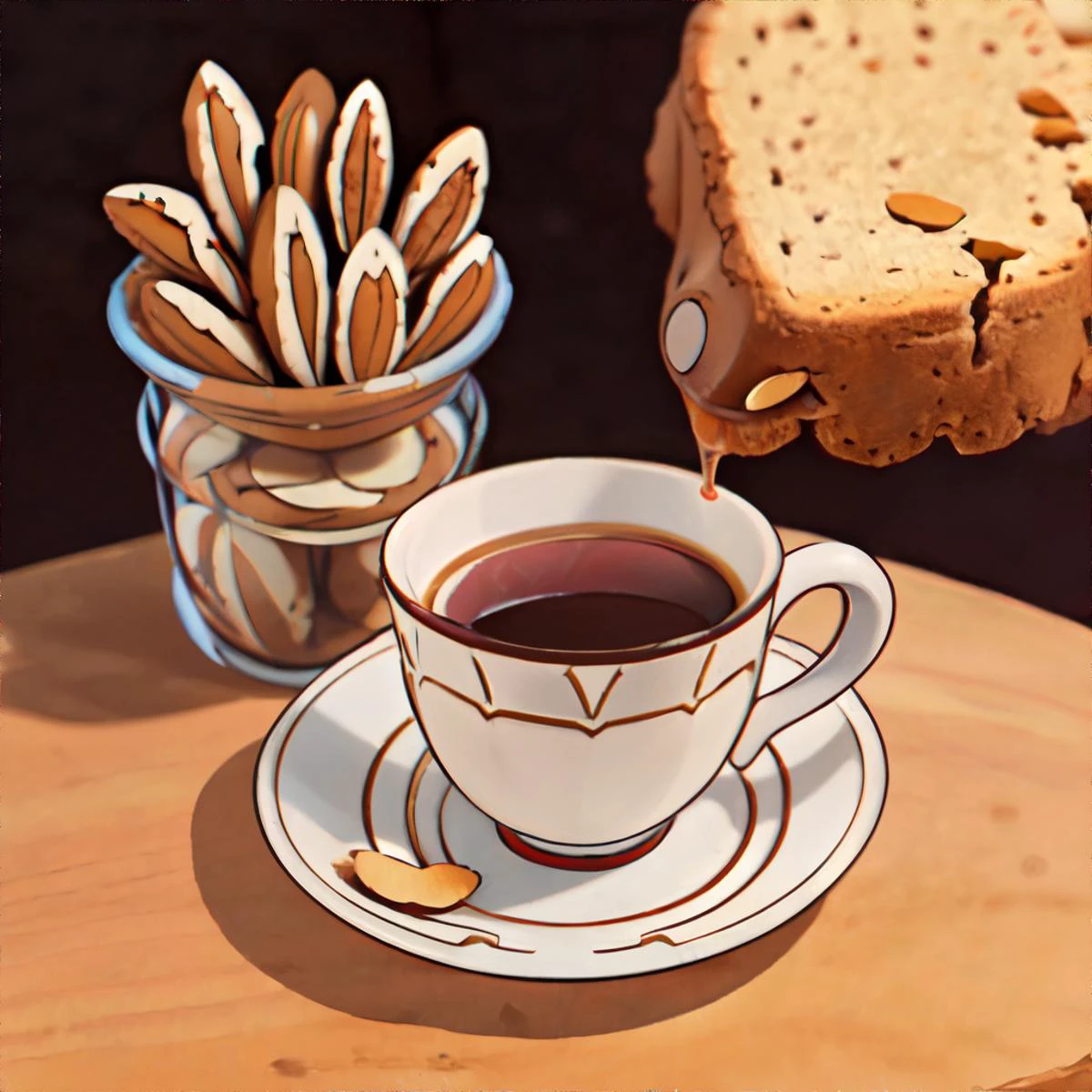 <lora:ghiblilora:0.7> Crunchy almond biscotti paired with a hot beverage || masterpiece, 8k, high resolution, shallow depth of field, sharp focus