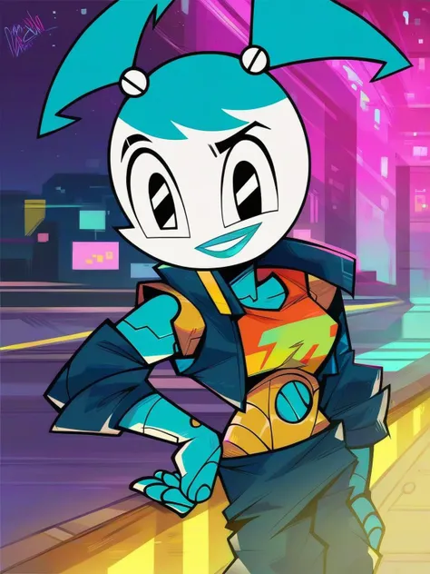 <lora:XJ-9:0.6>, x_j_9, 1girl, robot, blue hair, black eyes, cyberpunk outfit, neon, night city background,, score_9, score_8_up, score_7_up,