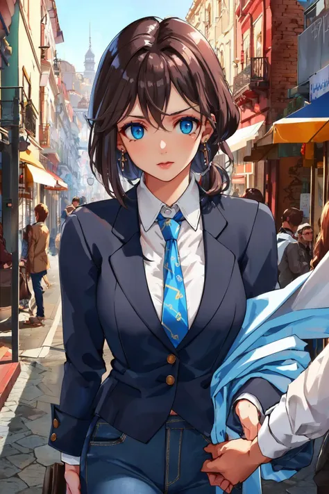 (nsfw), (uncensored), (1girl) , (Mature older female,milf in her sixties,motherly), Nigerian,, Tapered eyebrows, (Light Blue eyes Prominent Eye Shape,<lora:eye_size_slider_v1:0> ), (Blue Artfully twisted low ponytail hairstyle), (wearing  Imperceptible detail Denim blue Traditional attire with a knee-length skirt, matching blazer, and silk necktie),<lora:ClothingAdjuster3:-0.5>, full lips,(fake body), , (large breasts) , edgy makeup,,,, ,  wire earrings ,
(solo focus),  portrait, Looking straight at the camera,  ,  ,
8k, intricate, elegant, highly detailed, majestic, digital photography,art by artgerm and ruan jia and greg rutkowski,(masterpiece, sidelighting, finely detailed eyes), hdr,
background A bustling, vibrant Buenos Aires street during a tango festival at Noonday,
<lora:1epi_noiseoffset2:0.8>,<lora:tangbohu-detailmaker_v2:0.33>,<lora:light:0.5>, <lora:zzzStyle_AyaShachou:0.99> AyaShachouStyle