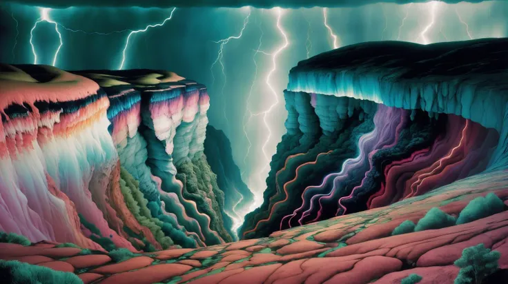 <lora:AbstractPattern:1.0> AbstractPattern a gorge during a thunderstorm, spectral figures seen in the lightning flashes