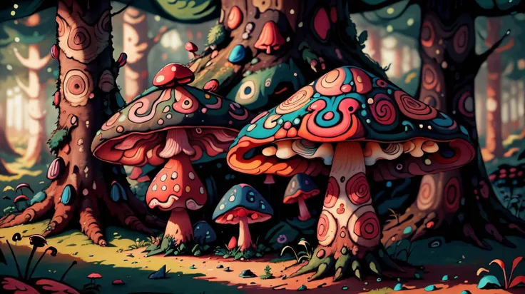 <lora:AbstractPattern:1.1> AbstractPattern colorful mushrooms growing in a magical forest