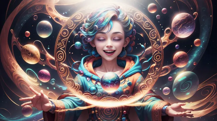 <lora:AbstractPattern:0.9> AbstractPattern (style-swirlmagic:0.8), portrait, solo, upper body, looking at viewer, detailed background, detailed face, (<lora:runemagic:0.4>, magic_circle, Rune_Magic theme:1.1), bubble-wizard, happy, casting spell, colorful wizard robes, surrounded by bubbles, rainbow, floating orbs, floating sparkling particles, foam, glowing bubbles, playful, ethereal aura, bubbles in background, intricate patterns, starry sky, wind, jovial magical atmosphere,