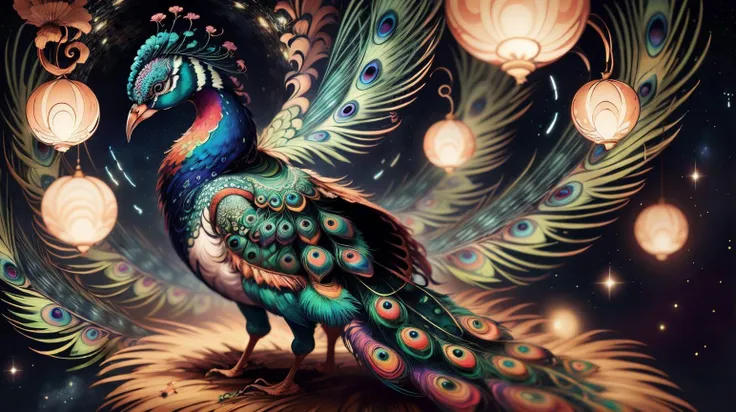<lora:AbstractPattern:0.9> AbstractPattern a peacock with its tail feathers spreading into a starry night sky