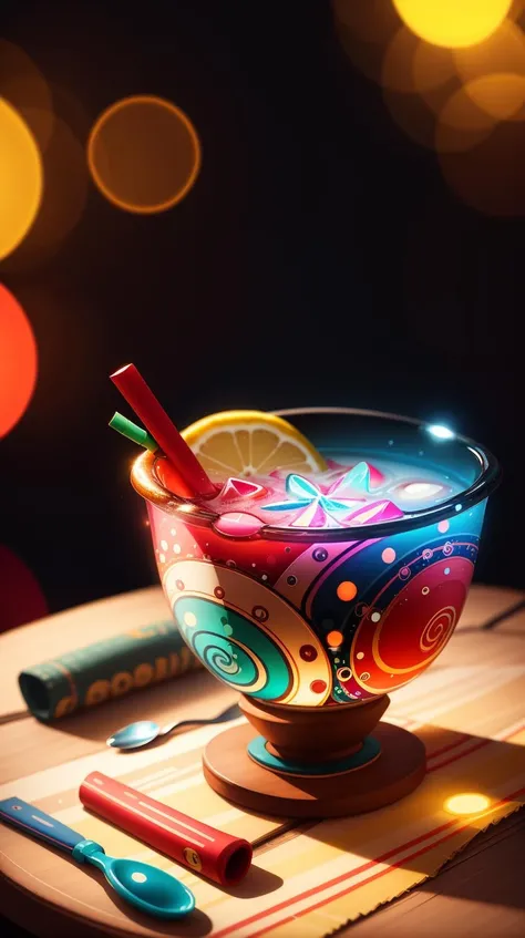 <lora:AbstractPatternStyle:0.6>, (AbstractPatternStyle Drink:1.0) in a (AbstractPatternStyle bowl:0.9) on a counter
Colorful glowing lights, Bokeh DOF background, colorful particles