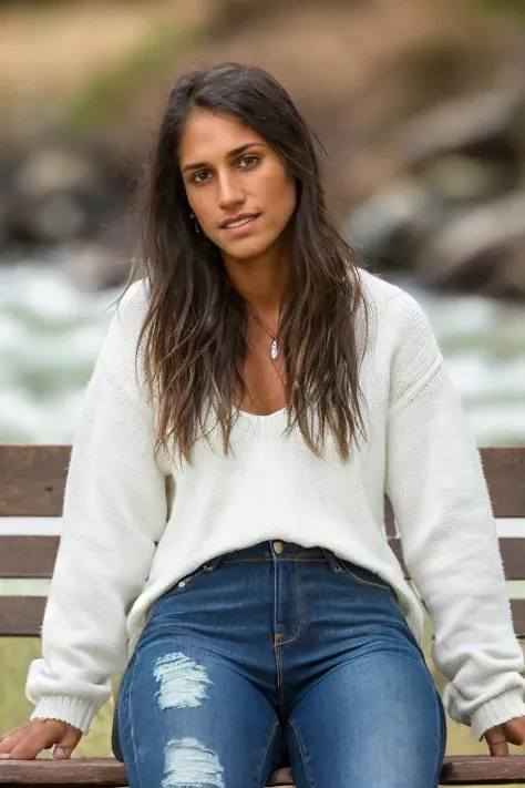 (((Head Portrait))), ((wearing sweater and distressed jeans)), (((in the country modeling near a river))), ((sitting on a bench next to the river)), ((legs crossed)), extremely intricate, High Detail, Sharp focus, dramatic, soft cinematic light, (looking at viewer), (detailed pupils), smiling, 24mm, photo lab, elegant, insane details,
hyperdetailed, low contrast, epiCRealism, <lora:Allison_Stokke:0.85> allison stokke