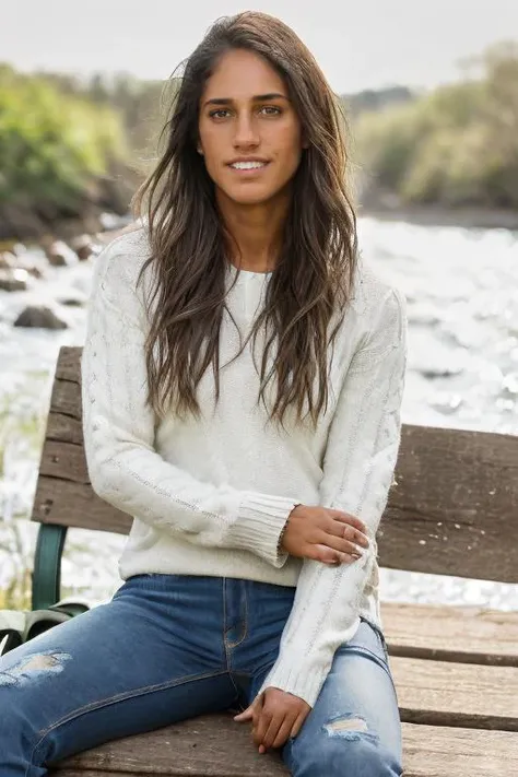 (((Head Portrait))), ((wearing sweater and distressed jeans)), (((in the country modeling near a river))), ((sitting on a bench next to the river)), ((legs crossed)), extremely intricate, High Detail, Sharp focus, dramatic, soft cinematic light, (looking at viewer), (detailed pupils), smiling, 24mm, photo lab, elegant, insane details, 
hyperdetailed, low contrast, epiCRealism, <lora:Allison_Stokke:0.85> allison stokke