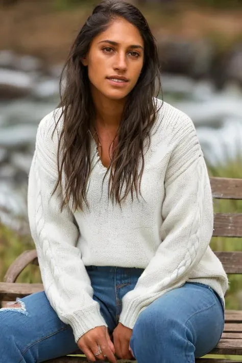 (((Head Portrait))), ((wearing sweater and distressed jeans)), (((in the country modeling near a river))), ((sitting on a bench next to the river)), ((legs crossed)), extremely intricate, High Detail, Sharp focus, dramatic, soft cinematic light, (looking at viewer), (detailed pupils), smiling, 24mm, photo lab, elegant, insane details, 
hyperdetailed, low contrast, epiCRealism, <lora:Allison_Stokke:0.85> allison stokke