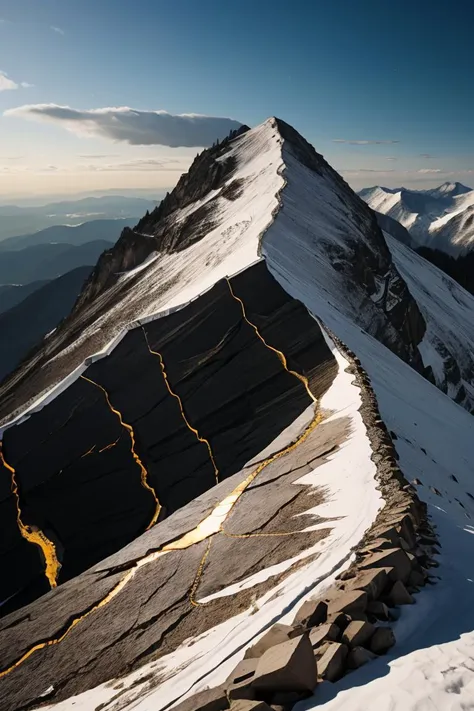mountain peak, outdoors, landscape, kintsugi mountain peak, black kintsugi <lora:kintsugi:1>
