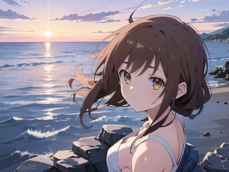 <lora:inazuma5:1>, masterpiece, best quality, absurdres, perfect anatomy, 4K, 8K, (1girl, solo:1.3), 
(1girl, brown hair, brown hair), (light smile:0.6), 
(outdoors, seaside, seashore, greek ocean view, Mediterranean Sea:1.2), (evening, evening mood, summer sunset:1.3), (breeze, wind, lens flare:0.9), 
detailed background, (official art, best quality illustration:0.9), (pop art, Ligne claire:1.3), (cocky_and_pompous_pose, looking at viewer:1.1), 
<lora:epiNoiseoffset_v2Pynoise:0.5>, <lora:flat2:0.7>