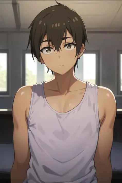 masterpiece, best quality, ultra-detailed, illustration, 1boy, solo, male focus, looking at viewer, upper body, depth of field, <lora:hideki_nishimura:0.78>, hideki_nishimura, , tank top