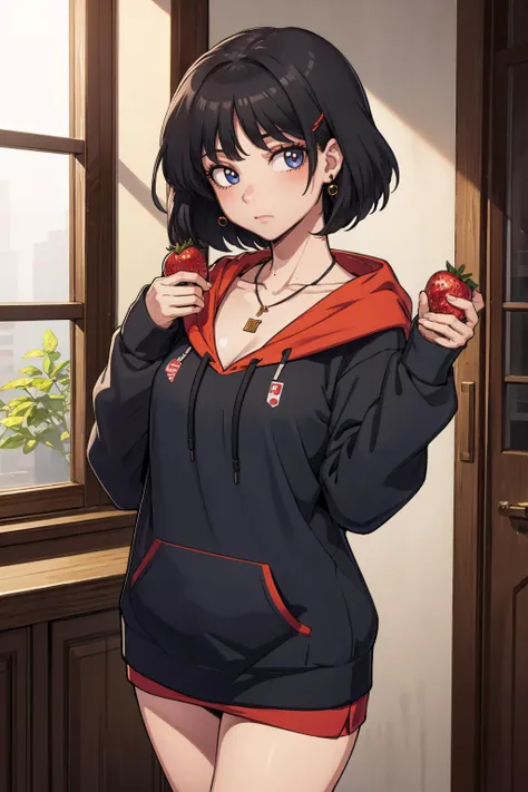 (masterpiece, best quality:1.2),  <lora:cervina:1>, cervina, 1girl, solo, hood, food, hoodie, strawberry, fruit, holding, black hoodie, looking at viewer, hood down, drawstring, bangs, holding food, black hair, long sleeves, short hair, window, cowboy shot, sunlight, indoors, collarbone, jewelry, standing, sleeves past wrists, holding fruit, hand up, necklace