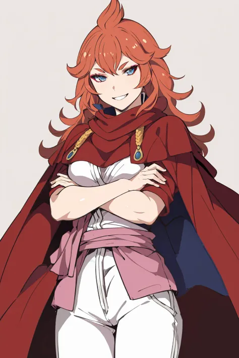 (masterpiece, best quality:1.2), <lyco:style_ideolo-10:1.0>, <lyco:blackclover_mereoleona-10:0.8>, cowboy shot, solo, 1girl, mereoleona vermillion, smile, looking at viewer, crossed arms, blue shirt, red cape, white pants
