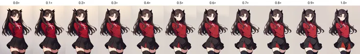 (masterpiece, best quality:1.2), <lyco:style_ideolo-10:0.0>, cowboy shot, solo, 1girl, tohsaka rin, slight smile, looking at viewer, arms behind back, two side up, red sweater, cross, black skirt, thighhighs