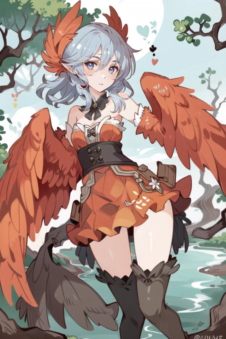 ((best quality)), ((highly detailed)), masterpiece, extremely detailed face, beautiful face, (detailed eyes, deep eyes), (1girl), cowboy shot, <lora:aiomonstergirls_loraLocon:.1>, <lora:animeHarpy_v10:1>, (harpy), bird wings, bird legs, claws, bird tail, (at a mangrove_forest), <lora:style_ideolo:1>
