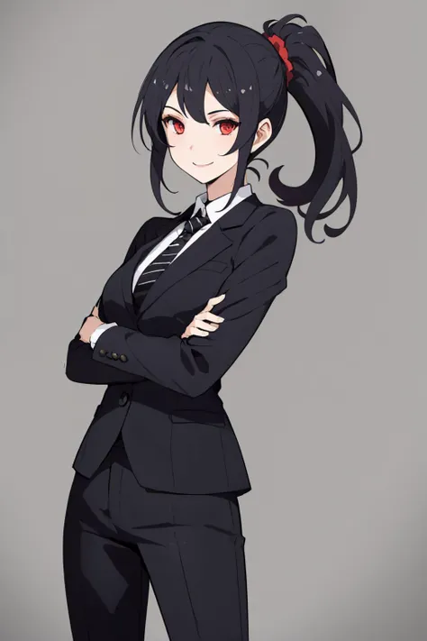 (masterpiece, best quality:1.2), <lyco:style_ideolo-10:1.0>, cowboy shot, solo, 1girl, smile, looking at viewer, crossed arms, black hair, sidelocks, ponytail, red eyes, formal, suit, necktie, black pants