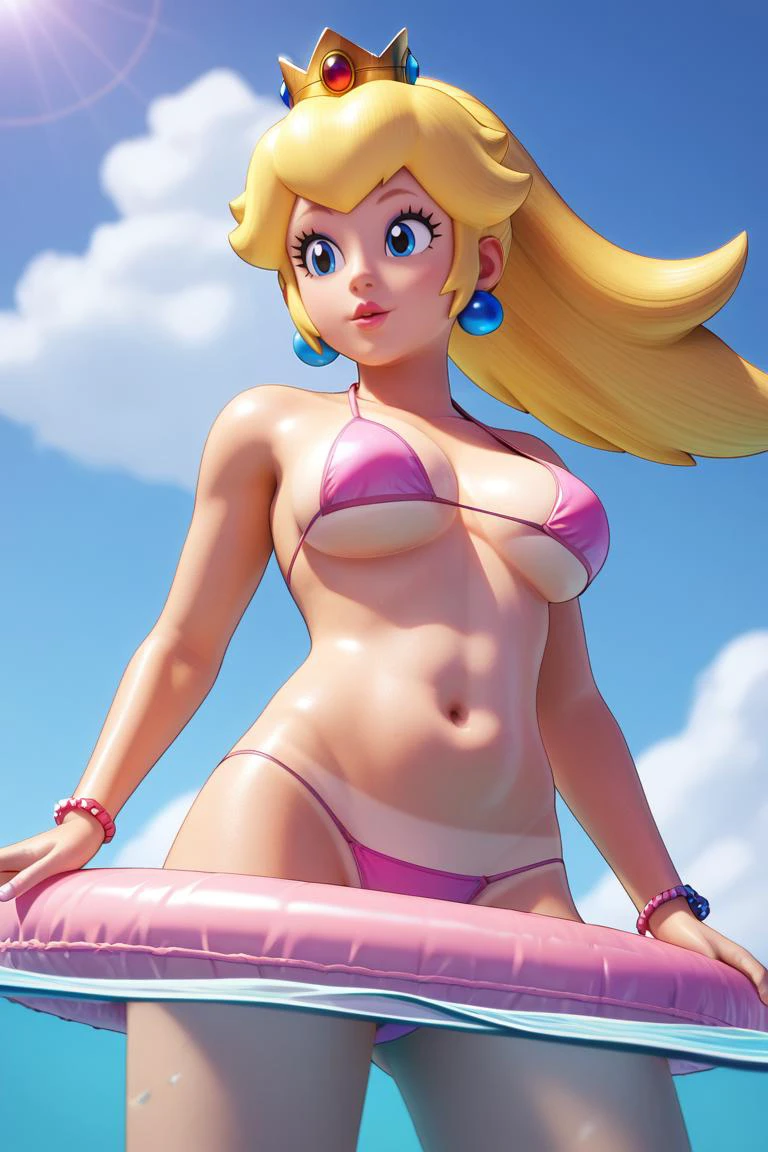 score_9, score_8_up, score_7_up, BREAK, 1girl, solo, breasts, princess peach, bikini, water, purple sky, inflatable raft, tanlines,