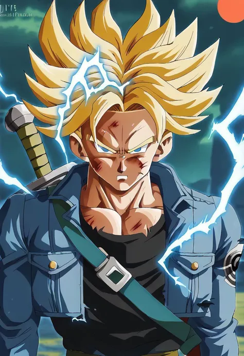 masterpiece, best quality, very aesthetic, absurdres, future trunks, 1boy, blonde hair, black tank top, blue open short jacket, electricity, floating rock, blue eyes, injury, looking at viewer, male focus, medium hair, muscular, pants, dark green pants, z sword, shirt, solo, spiked hair, super saiyan, super saiyan 2, upper body