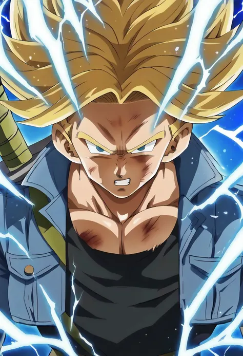 masterpiece, best quality, very aesthetic, absurdres, future trunks, 1boy, blonde hair, black tank top, blue open short jacket, electricity, floating rock, blue eyes, injury, looking at viewer, male focus, medium hair, muscular, pants, dark green pants, z sword, shirt, solo, spiked hair, super saiyan, super saiyan 2, upper body
