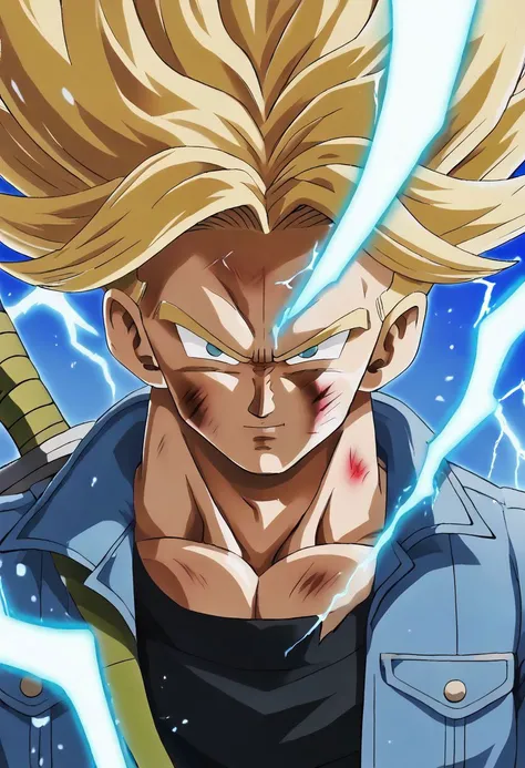masterpiece, best quality, very aesthetic, absurdres, future trunks, 1boy, blonde hair, black tank top, blue open short jacket, electricity, floating rock, blue eyes, injury, looking at viewer, male focus, medium hair, muscular, pants, dark green pants, z sword, shirt, solo, spiked hair, super saiyan, super saiyan 2, upper body