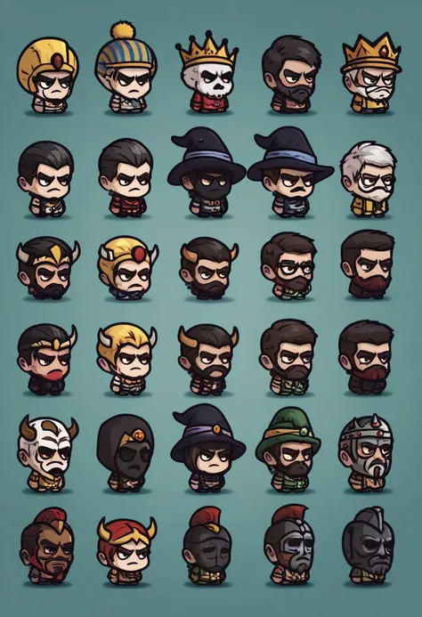 score_9, score_8_up, score_8, score_9, multiple girls, black hair, hat, multiple boys, horns, glasses, dark skin, chibi, mask, witch hat, facial hair, helmet, crown, beard, 6+boys, mustache