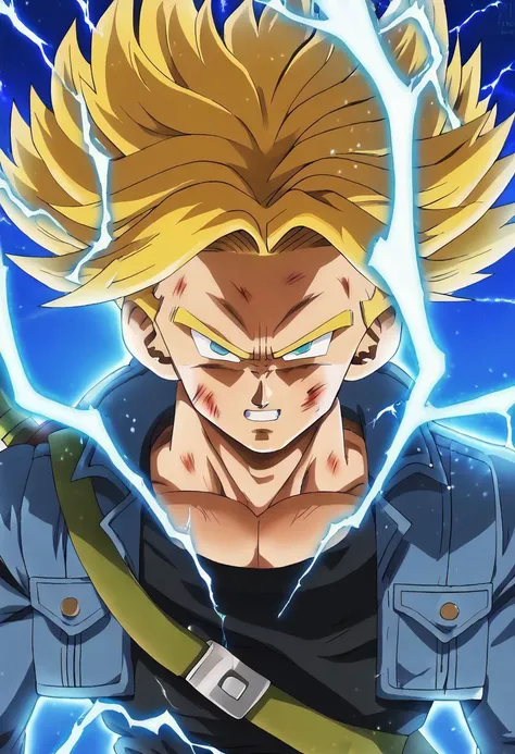 masterpiece, best quality, very aesthetic, absurdres, future trunks, 1boy, blonde hair, black tank top, blue open short jacket, electricity, floating rock, blue eyes, injury, looking at viewer, male focus, medium hair, muscular, pants, dark green pants, z sword, shirt, solo, spiked hair, super saiyan, super saiyan 2, upper body