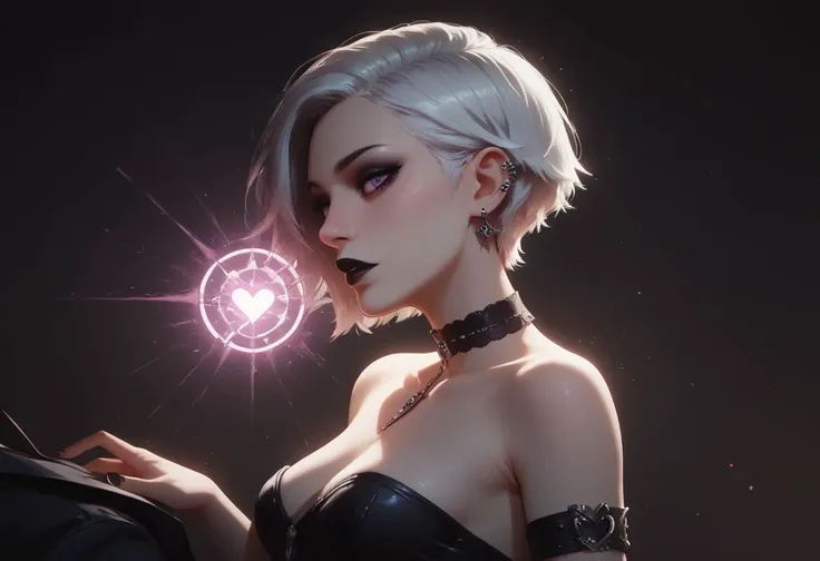 elegant, read description, Expressiveh, g0thicPXL, glowing, neon, score_9, score_8_up, score_7_up, insanely detailed, solo, young, young woman, petite body, small body, pale skin, goth, black lipstick, (white hair:1.5), (short hair:2.0), shaved sides, purple eyes, choker, ornate gothic jewelry, elegant black dress, armband, medium breasts, from side