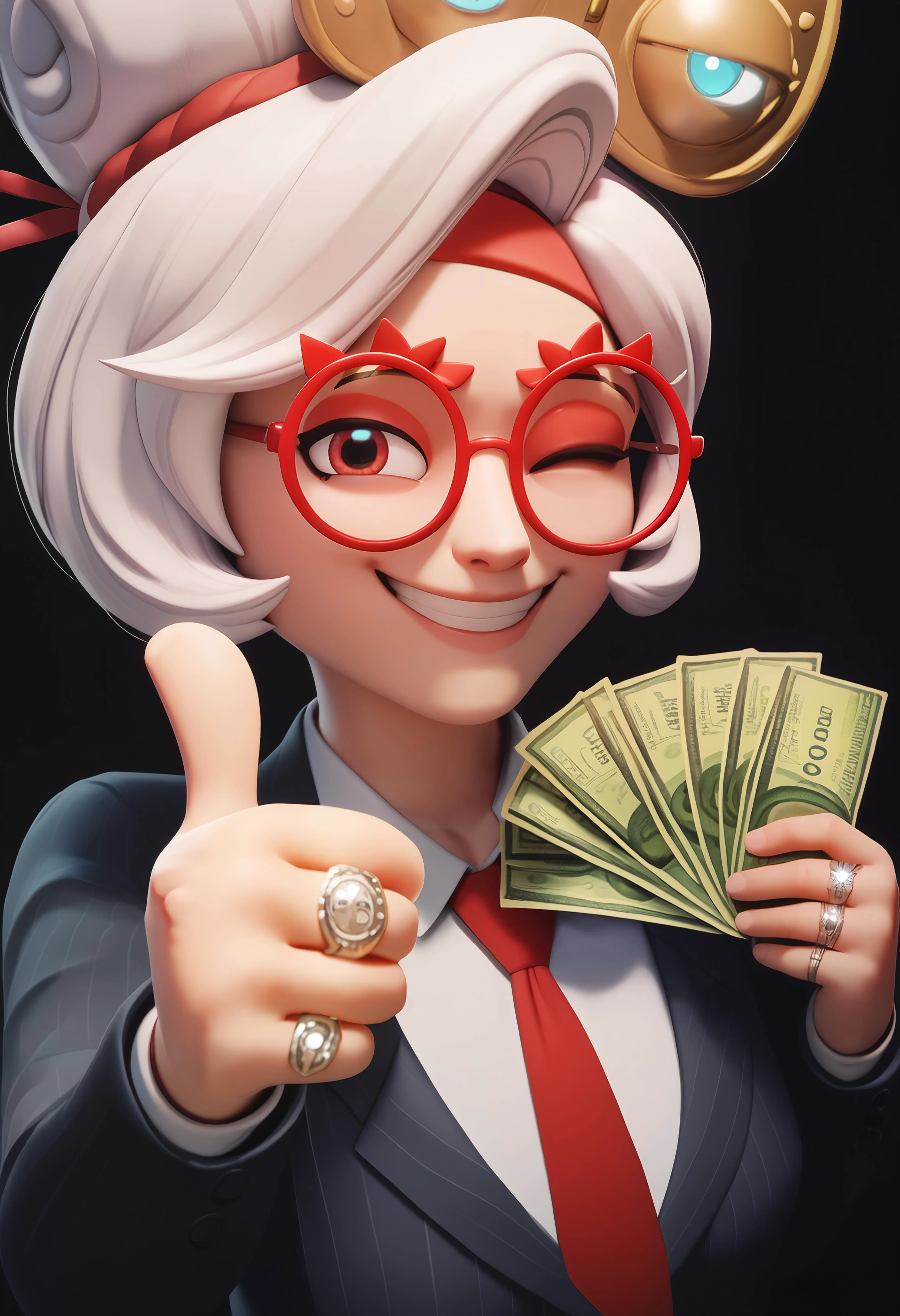 score_9, score_8_up, score_7_up, score_6_up BREAK solo,purah,red headband,red glasses ,gangstersb, thumbs up, one eye closed, grin, smile, smile,hat,money, holding moner, portrait, cropped torso,ring, formal, necktie, suit, striped, looking at viewer <lora:gangstersb-guy-PONYv1:1> <lora:purah-pdxl-nvwls-v1:0.8>