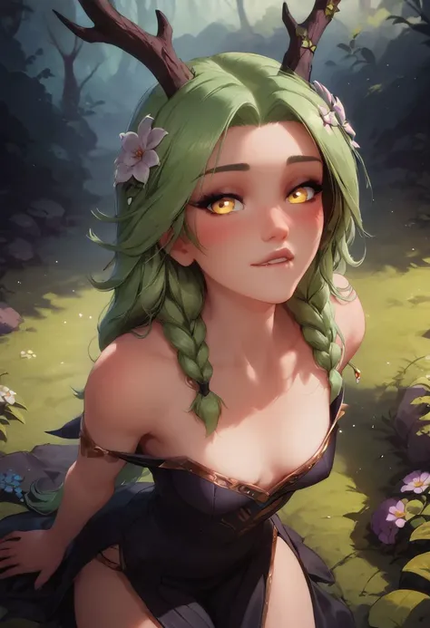 score_9, score_8_up, score_7_up, 1girl, (solo:1.1), from above, elven girl, standing, bare shoulders, green hair, braids, small breasts, flower hair, antlers, black dress, cute, beautiful eyes, blush, overgrowth, sexy pose, looking at viewer, outdoor, moss, rocks, seductive expression, biting lower lip