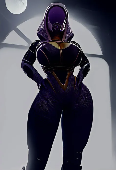ASCII score_9, score_8_up, score_7_up, score_6_up, score_5_up, score_4_up, 3d render, solo, alone, Tali'Zorah from Mass Effect, full bodysuit, glass mask, hood, purple black and gold bodysuit, huge breasts,gigantic buttnipple outline, pokies, night time, dark out, in shadows, dark lighting, moody lighting, in dark apartment with large window, full moon out of window, moonlit, dark, from the front, center of the image, middle of the shot, hands on hips, standing, backlit,