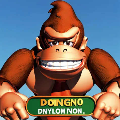 (source_furry, source_cartoon, score_9, score_8_up, score_7_up:1), closeup, solo male, donkey kong, donkeykong, kong, looking at viewer, smile, teeth, eyelids, bedroom eyes, 3d, (caption saying "EXPAND DONG":1.2)