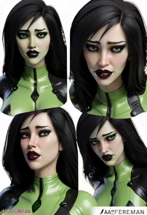 score_9, score_8_up, score_7_up, 3d, FAP_ARTSTYLE_Jackerman_ownwaifu, Shego, shego, Long black hair, black lipstick, green iris, Black pupil, makeup, black eyeshadow, mascara, bodysuit, looking at viewer, conceptart,multiple views,white background, simple background, mature femalr, full height