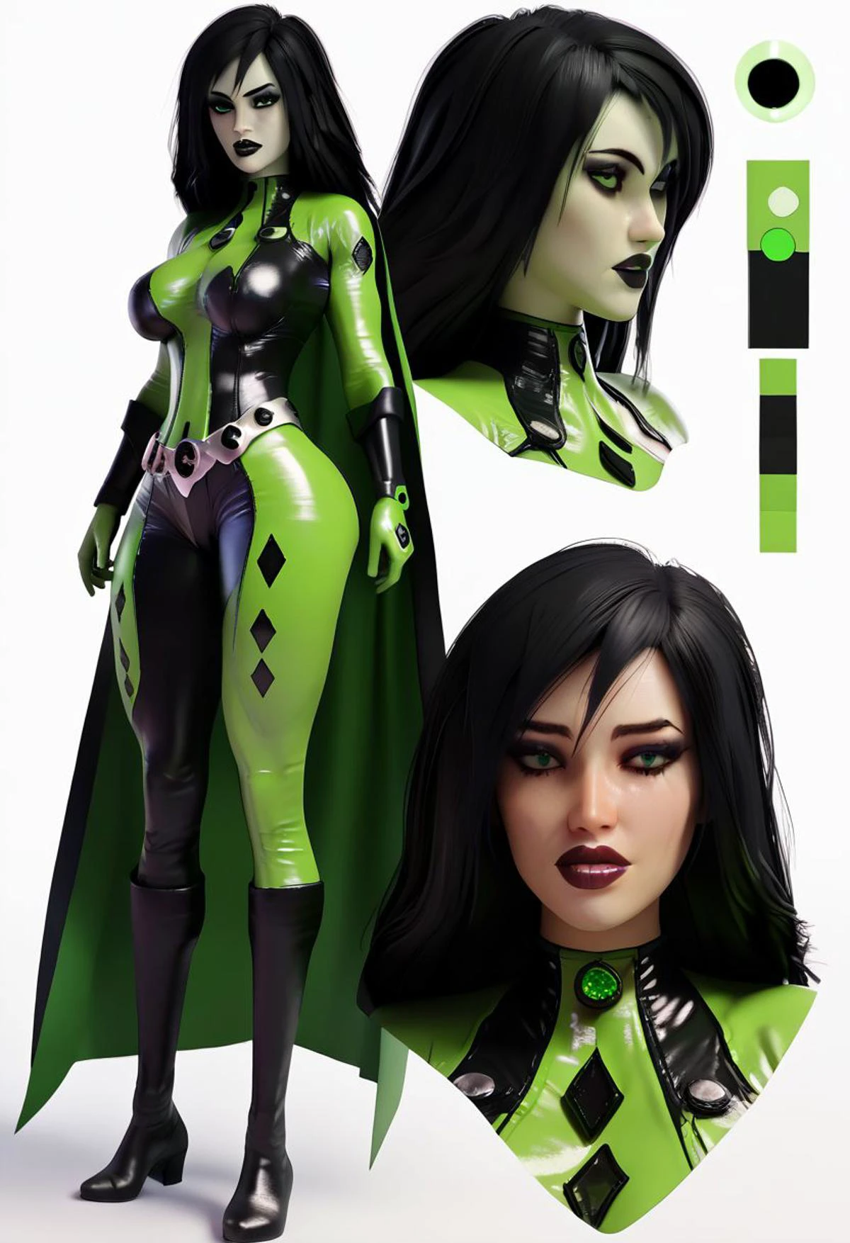 score_9, score_8_up, score_7_up, 3d, FAP_ARTSTYLE_Jackerman_ownwaifu, Shego, shego, Long black hair, black lipstick, green iris, Black eyes, makeup, black eyeshadow, mascara, bodysuit, looking at viewer, simple background, mature female, CharacterDesignXL, reference sheet, (full body, from side, front:1.1), upper body, cartoon, (CharacterSheet:1), Long cape,