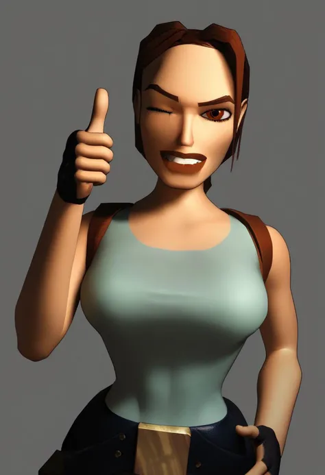 (score_9, score_8_up, score_7_up:1), 1girl, solo, lara croft, looking at viewer, winking, thumbs up