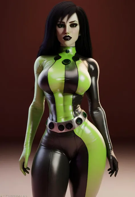 score_9, score_8_up, score_7_up, FAP_ARTSTYLE_Jackerman_ownwaifu, Shego,  shego,  Long black hair, green eyes, makeup, black eyeshadow, mascara, bodysuit, looking at viewer, full height,