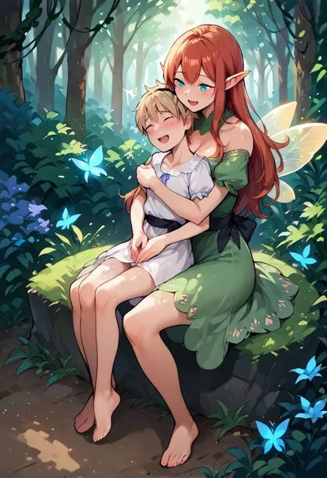 score_9, score_8_up, score_7_up, score_6_up, source_anime, 2d, 2girls, (size difference, tiny fairy), princess, full body, happy, medium breasts, garden, forest, fairy tale, dress, wings, sitting, l4pr34ch4r0und, reach-around, size difference, girl sitting in girl's lap, sitting, larger female