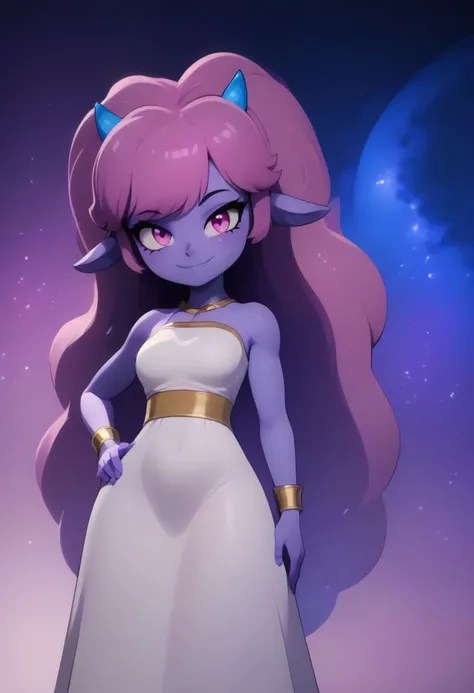 score_9, score_8_up, score_7_up,
subsurface scattering, Neon Pink/Purple,
3d model, high quality 3d render, pretty girl, vivid bright colors, highly sexual poses, pinup art, solo,
BREAK,
zzDaedream, long floating hair, big hair, purple skin, 1girl, blue horns, glowing pink hair, pink eyes, gradient hair, purple hair, starry hair, animal ears, long ears, space background, starry sky, glowing,
BREAK,
white dress, gold belt, gold bracelets,
BREAK,
solo, smile, blush, looking at viewer, contrapposto, hip to the side, hand on hip,