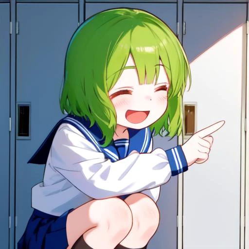 <lora:pointing+squatting:1>,pointing-squatting, 1girl,igarashi futaba (shiromanta),solo,school uniform,green hair,serafuku,smile,closed eyes,open mouth,medium hair,skirt,locker,sailor collar,blush,aged down,long sleeves,