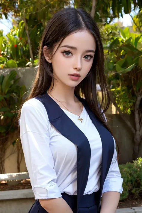 best quality, masterpiece, (photorealistic:1.4), 1 girl, upper body, uniform school, suit school, necklace, cute, ((in school:1.4)), outside, big boobs, -- Face Details:1.7 -- <lora:CharlyS-01:1>