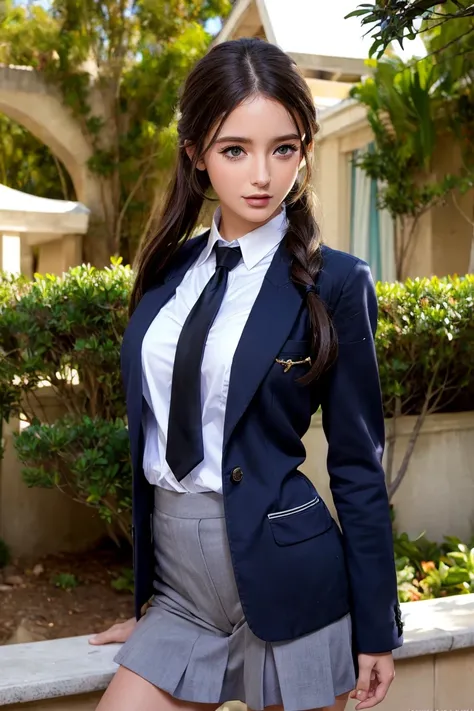 best quality, masterpiece, (photorealistic:1.4), 1 girl, upper body, uniform school, suit school, necklace, cute, ((in school:1.4)), outside, big boobs, -- Face Details:1.7 -- <lora:CharlyS-01:1>