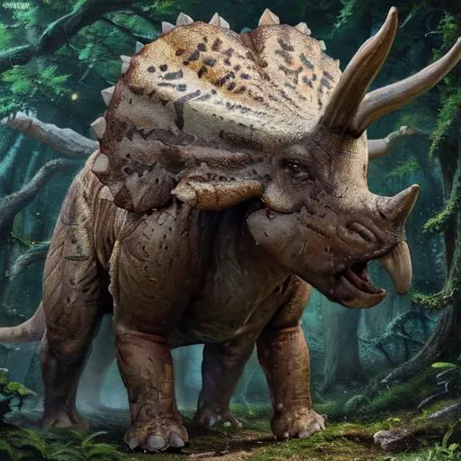<lora:triceratops_v01:1> an intricately detailed illustration of a triceratops, ultra high resolution, (masterpiece:1.2), (best quality:1.2), perfect lighting, (intricate details), fantasy, <lora:epiNoiseoffset_v2:0.5>, (detailed forest background:1.4)