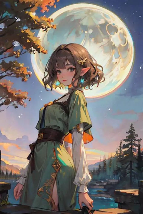1girl, brown hair, grey eyes, short hair, wavy hair, (elf:0.91), green dress, <lora:FantasyWorld:0.8> scenery, fantasy, night sky, moon, tree, (perfect anatomy:1.10), (masterpiece, best quality:1.21)