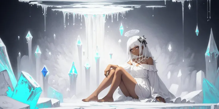 beautiful detailed glow,Floating ice crystals,((masterpiece)), (((best quality))), ((ultra-detailed)), ((illustration)),soloï¼girlï¼Dark skinï¼black eyesï¼white hairï¼disheveled hairï¼Loose hairï¼White glossy loose long hairï¼White off shoulder dressï¼barefootï¼