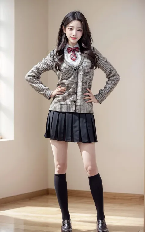 ultra high res, photo, 4k, absurdres, (incredible absurdity), ((masterpiece, best quality)), (wallpaper), (8k hd), <lora:VerygoodJoHyeon-13:1>,pureerosface_v1,ulzzang-6500-v1.1,((smile)),solo, skirt, 1girl, reference inset, brown hair, socks, plaid, school uniform, plaid skirt, long sleeves, bow, kneehighs, cosplay, sweater vest, vest, full body, red skirt, standing, looking at viewer, shirt, white shirt, bowtie, indoors, white footwear, white socks, smile, brown eyes, photo inset, long hair, red bow, realistic