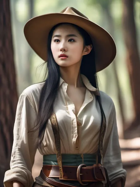 liuyifei,photo realistic, sexy, highres,cowboy shot,4K, in a forest near Santa Monica, nude, cowboy shot:1, official art, illustration, anime, CG, dynamic angle, (