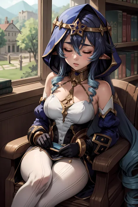 (best quality, masterpiece, perfect face), 1girl, blue hair, long hair, drill hair, bangs, eyes closed, sleeping, hood, detached sleeves, bare shoulders, pointy ears, gloves, white pantyhose, (anime, sharp, HDR), library, <lora:add_detail:0.5>, <lora:layla:0.8>