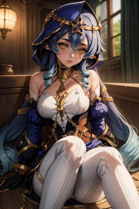 (best quality, masterpiece, perfect face), 1girl, blue hair, long hair, drill hair, bangs, yellow eyes, hood, detached sleeves, bare shoulders, pointy ears, gloves, white pantyhose, (anime, sharp, HDR), <lora:add_detail:0.5>, <lora:layla:1>