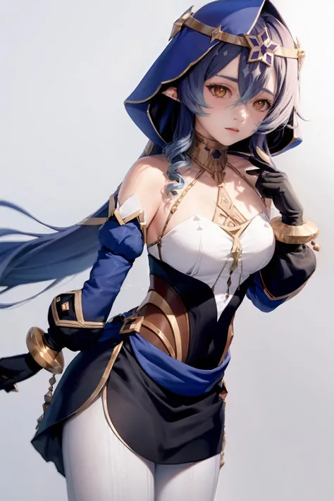 masterpiece, best quality, <lora:layla:1>,1girl,layla \(genshin impact\), blue hair,long hair,twin drills,pointy ears, yellow eyes,hood,choker,bare shoulders,detached sleeves,long sleeves, gloves, jewelry,white pantyhose,grey background, cowboy shot,