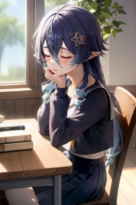 masterpiece, best quality, <lora:layla:1>,1girl, blue hair, closed eyes, long hair, skirt, book, drill hair, solo, pointy ears, sitting, long sleeves, sleeping, school uniform, desk, bangs, hair between eyes, shirt, hair ornament, indoors, pleated skirt, blue skirt, very long hair, closed mouth, blurry, chair, sailor collar, parted lips, twin drills, serafuku, blue shirt, book stack, on chair, sidelocks, multicolored hair, blurry background, depth of field, globe, blush, table, star (symbol)